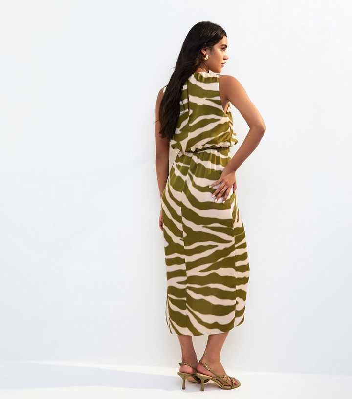 Green Zebra Print Satin Slit Hem Midi Dress Green Zebra Print Satin Slit Hem Midi Dress