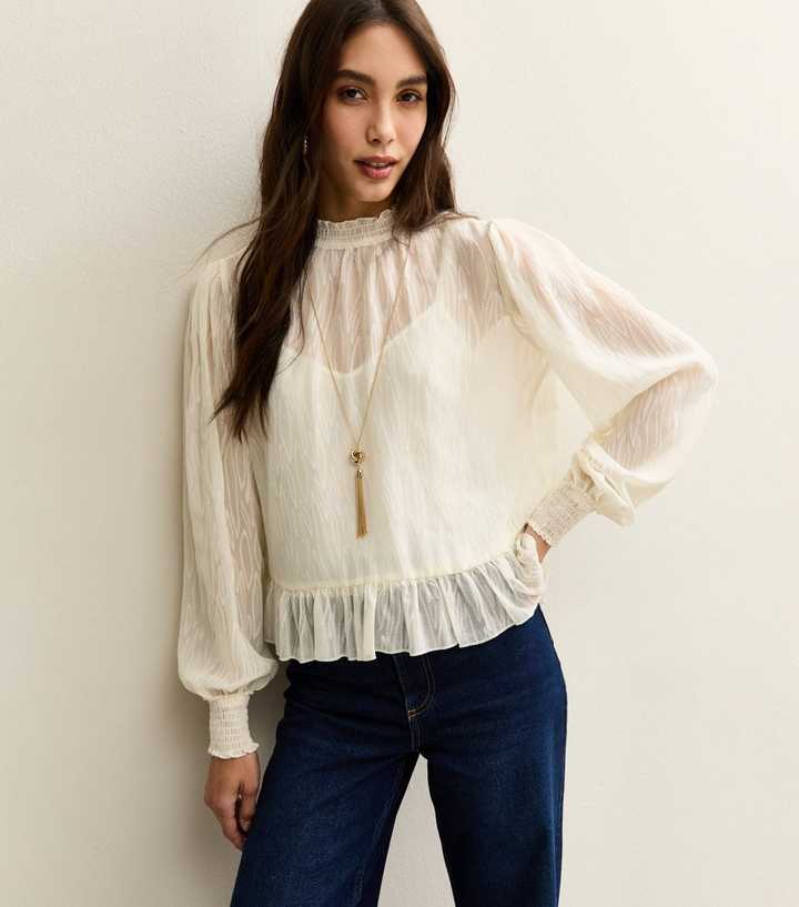 White Textured Chiffon High Neck Blouse