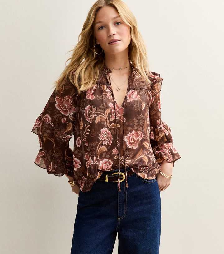 Brown Floral Frilly Flared Sleeve Blouse