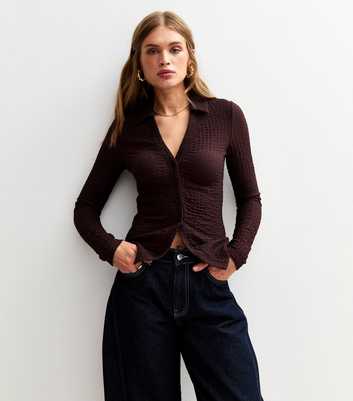 Brown Textured Jersey Collared Long Sleeve Top