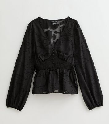 Black Floral Jacquard Buttoned Long Sleeve Blouse | New Look