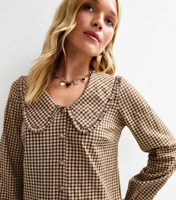 Brown Gingham Check Frill Collar Blouse