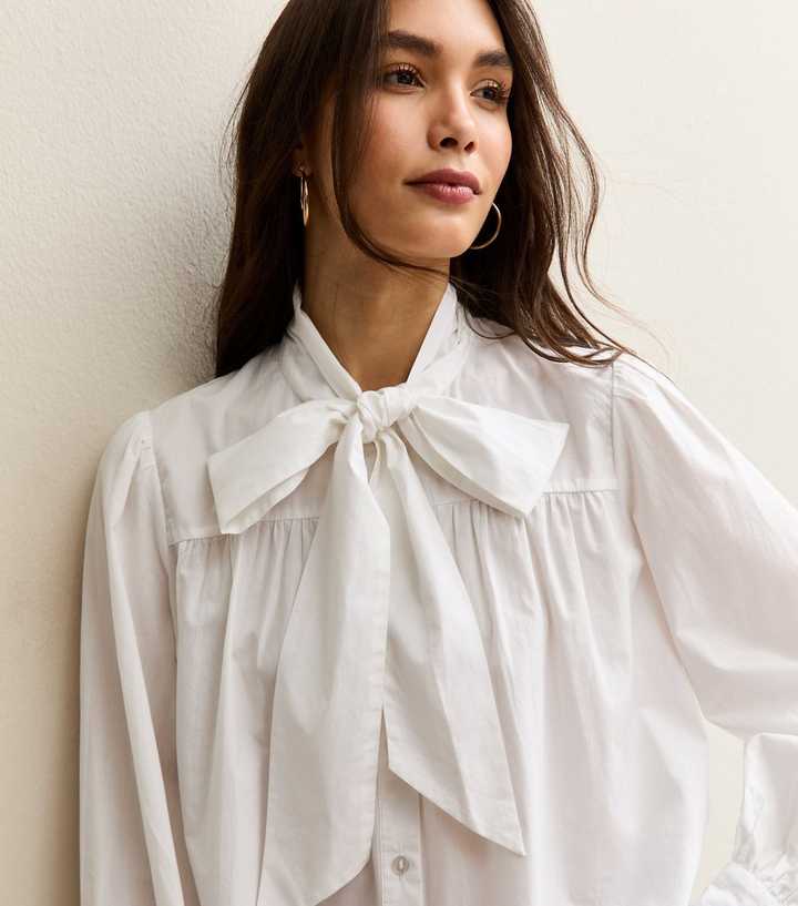 White Poplin Cotton Pussybow Neck Long Sleeve Blouse