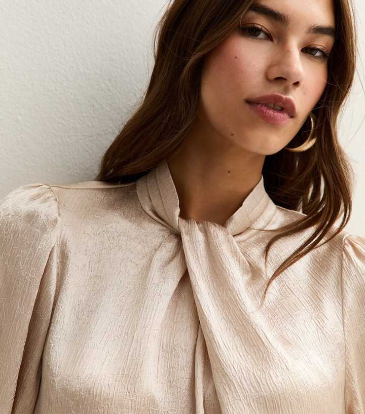 Cream Twist Neck Long Sleeve Textured Satin Blouse