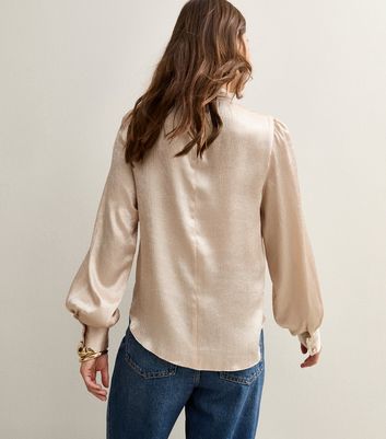 Cream Twist Neck Long Sleeve Textured Satin Blouse New Look