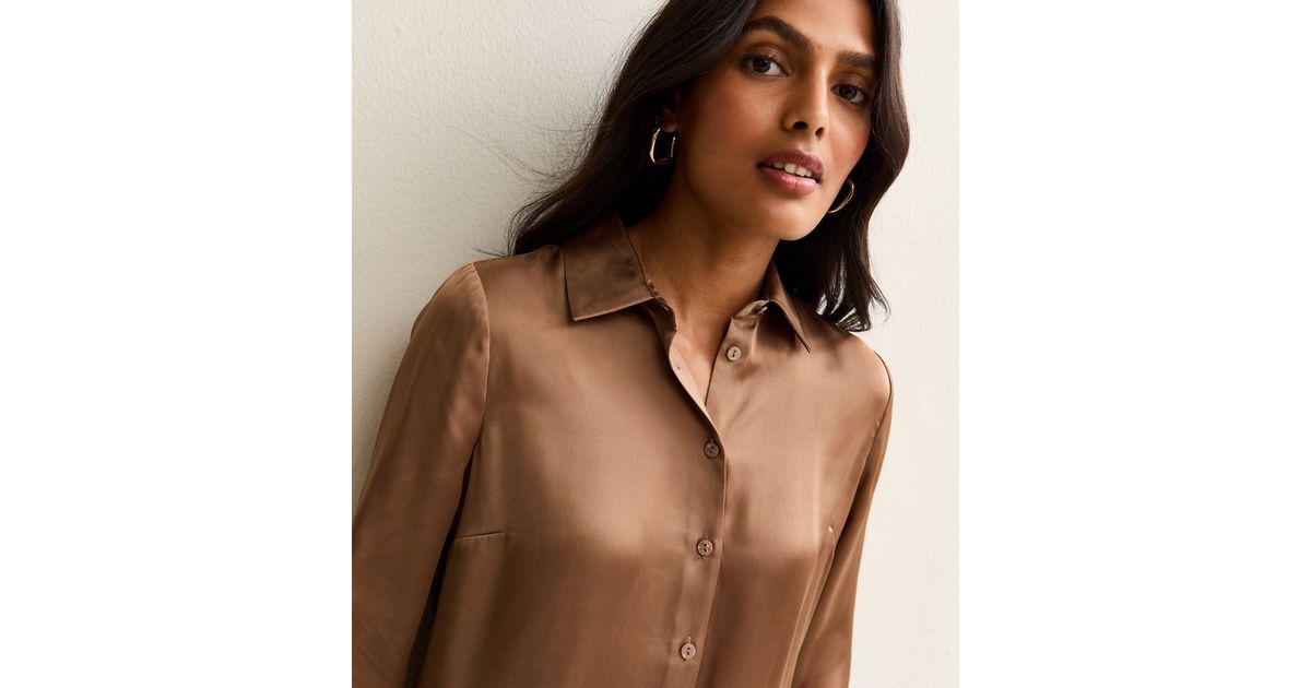Light Brown Satin Long Sleeve Shirt New Look