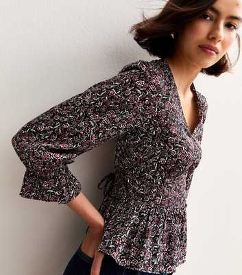 Black Floral Print V-Neck Blouse