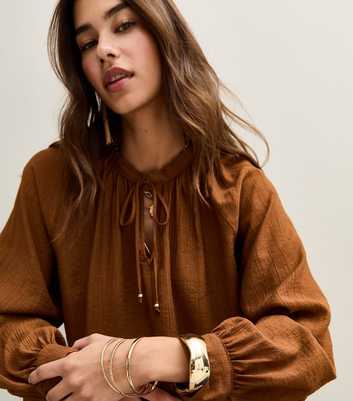 Brown Tie Neck Long Sleeve Blouse