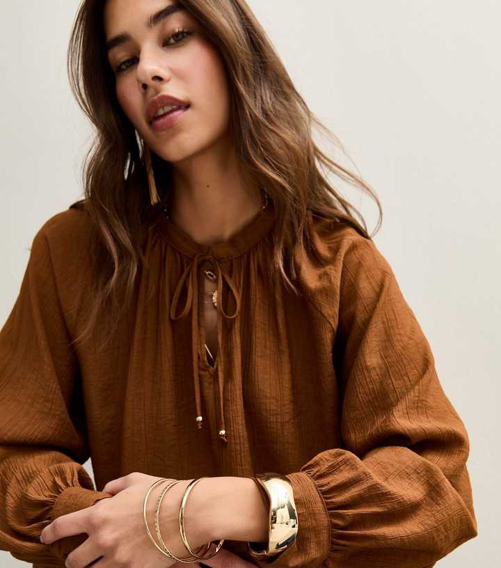 Brown Tie Neck Long Sleeve Blouse