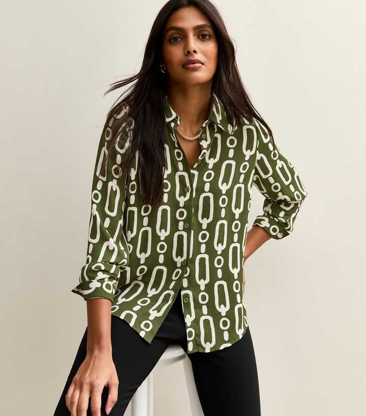 Green Geometric Patterned Long Sleeve Shirt