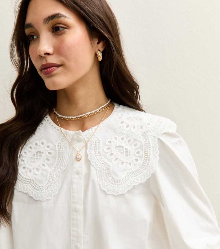White Embroidered Scallop Collar Long Sleeve Shirt