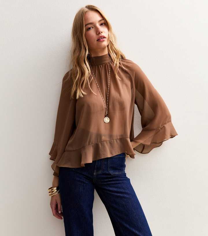 Brown Ruffle Chiffon High Neck Asymmetrical Blouse