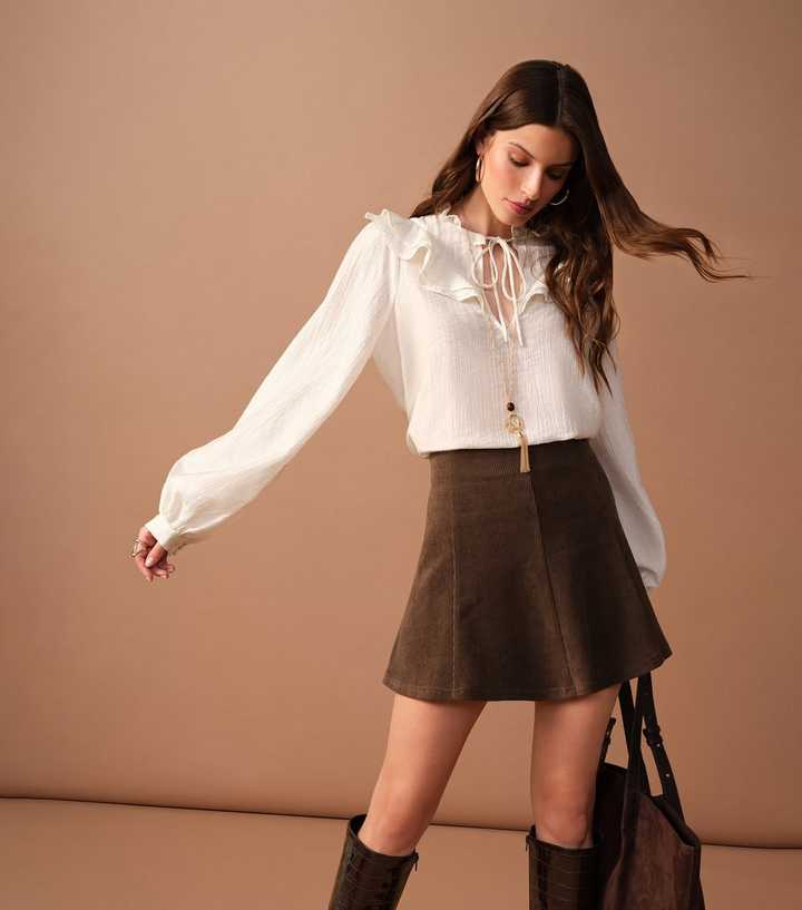 Brown Corduroy Pleated Mini Skirt