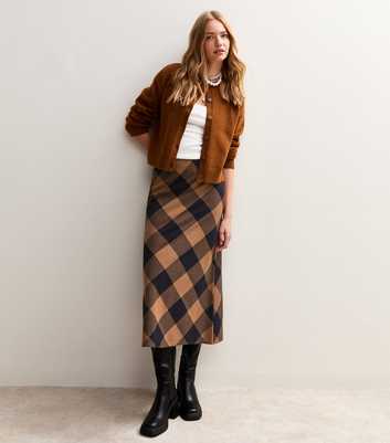 Brown Check Midi Skirt