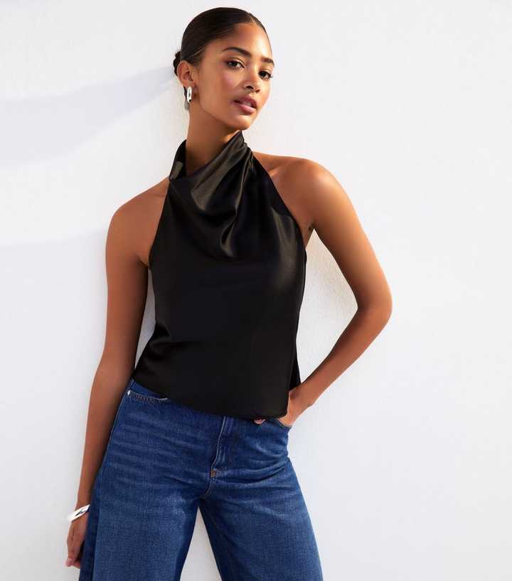 Black Satin Halterneck Top