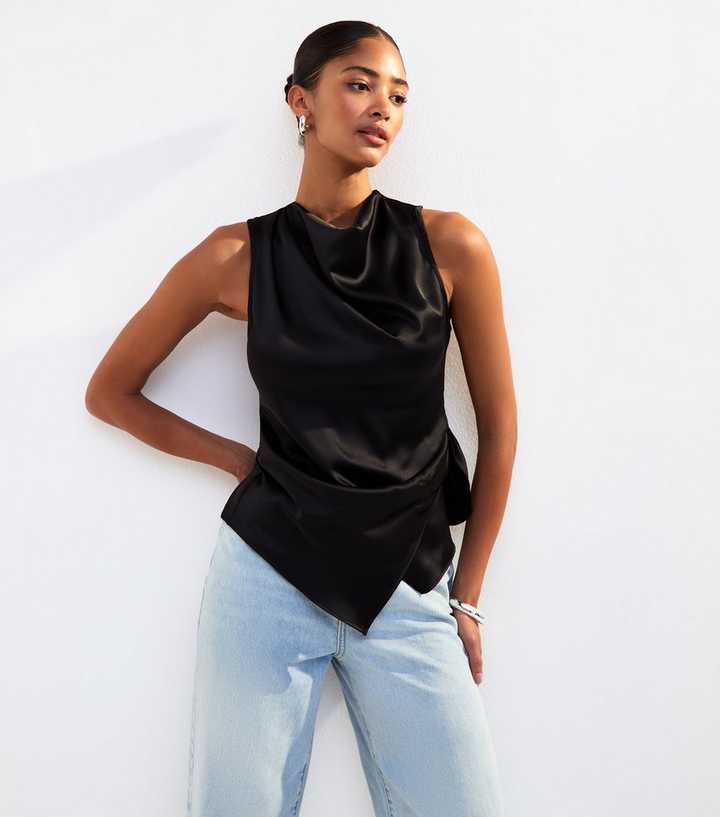 Black Satin Wrap Front Sleeveless Top