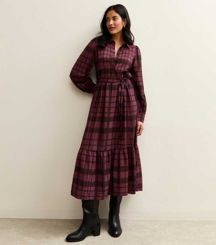 Burgundy Checked Midi Shirt Dress