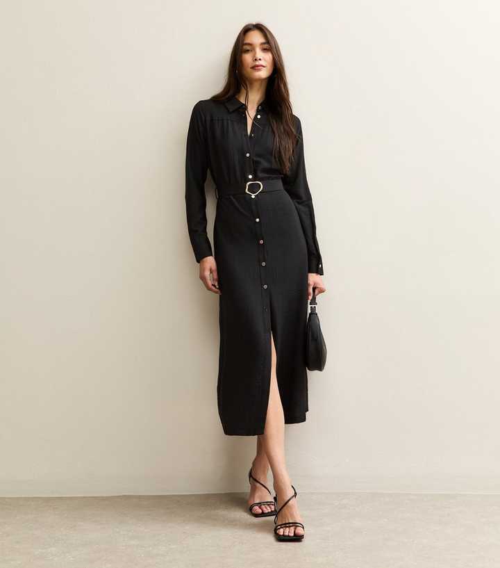 Black Long Sleeve Belted Midi Shirt Dress