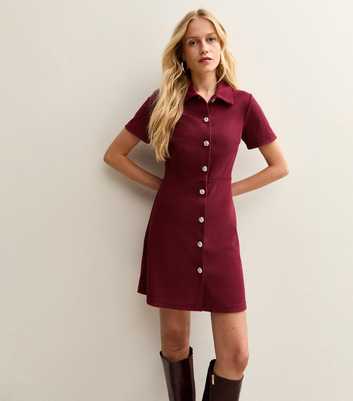 Dark Burgundy Button Through Corduroy Mini Dress