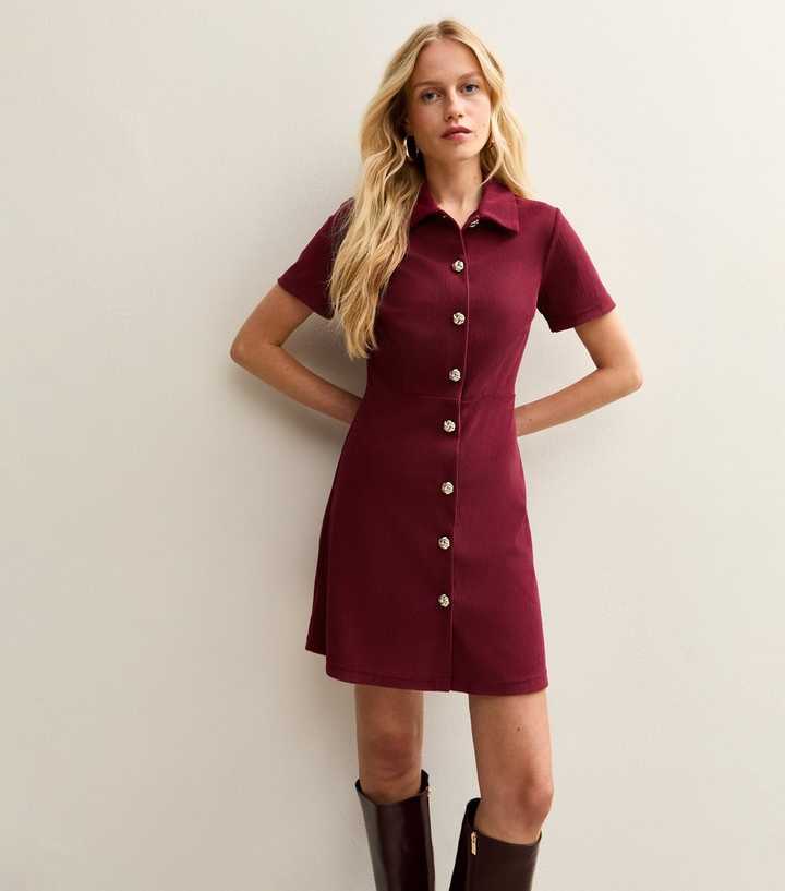 Dark Burgundy Button Through Corduroy Mini Dress