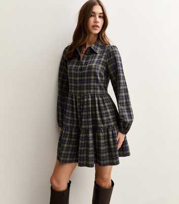 Green Check Print Tiered Smock Mini Dress