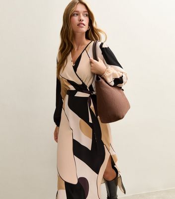 Brown Geometric Print V-Neck Wrap Midi Dress New Look