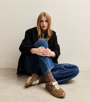 Stone Leopard Print Leather Trainers