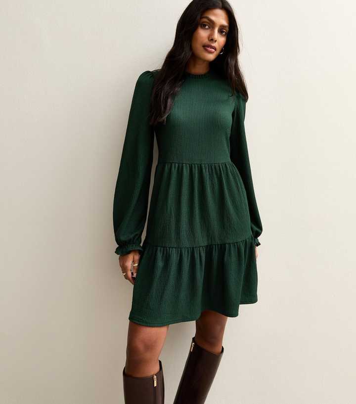 Dark Green Smocked Tiered Mini Dress | New Look