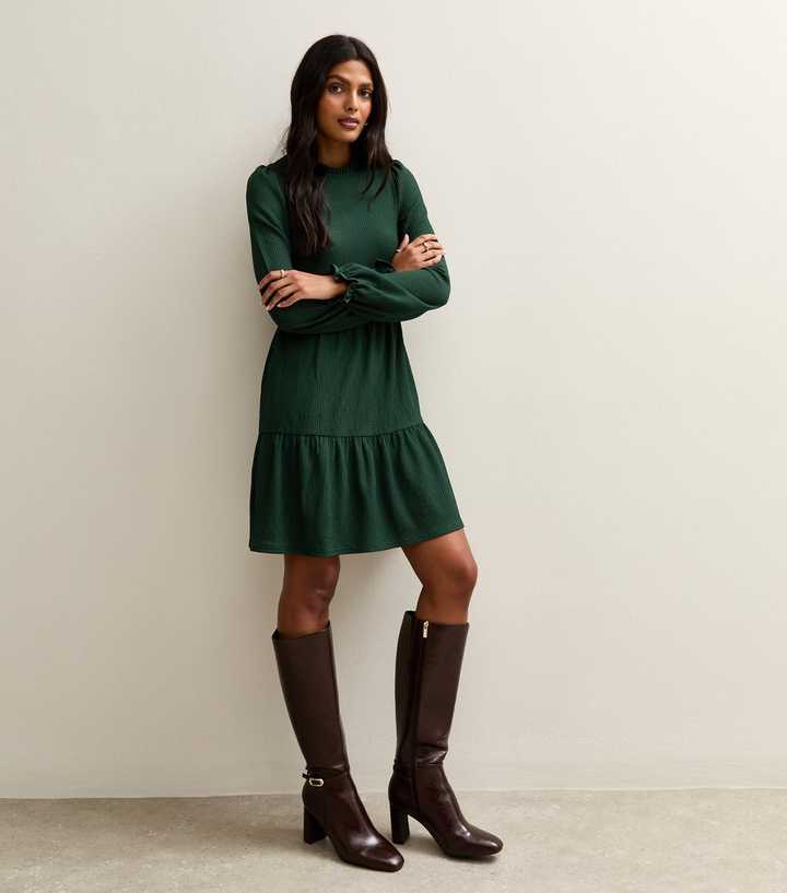 Dark Green Smocked Tiered Mini Dress | New Look