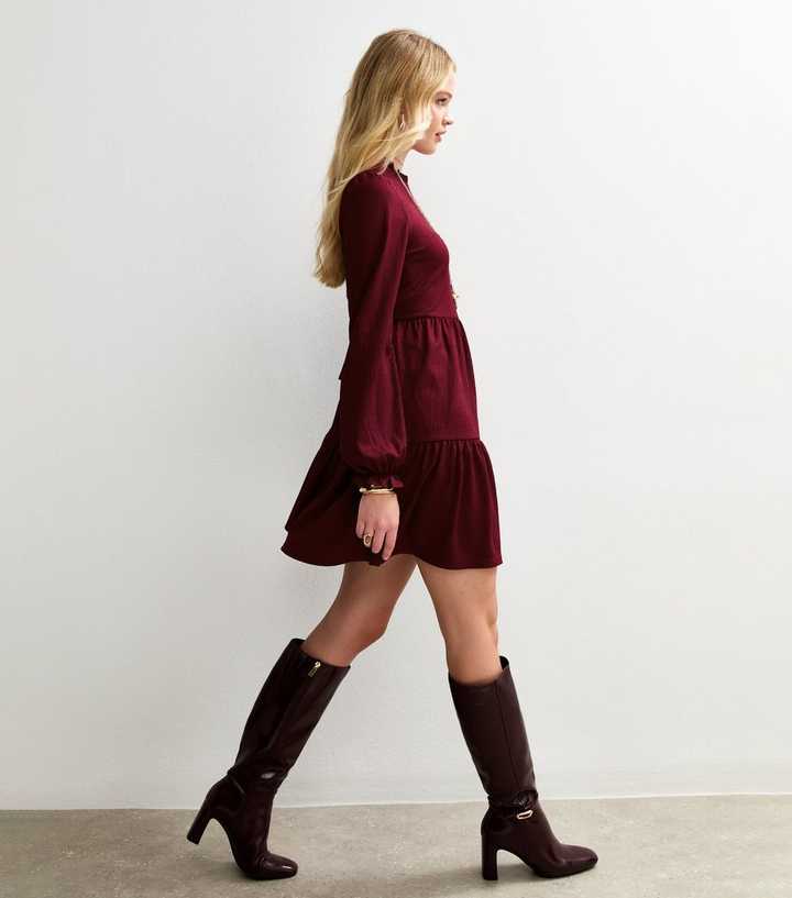Burgundy Smocked Tiered Mini Dress | New Look