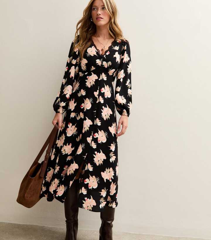 Black Floral Print Lace Trimmed Midi Dress