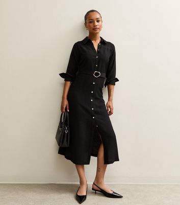 Petite Black Long Sleeve Midi Belted Shirt Dress New Look