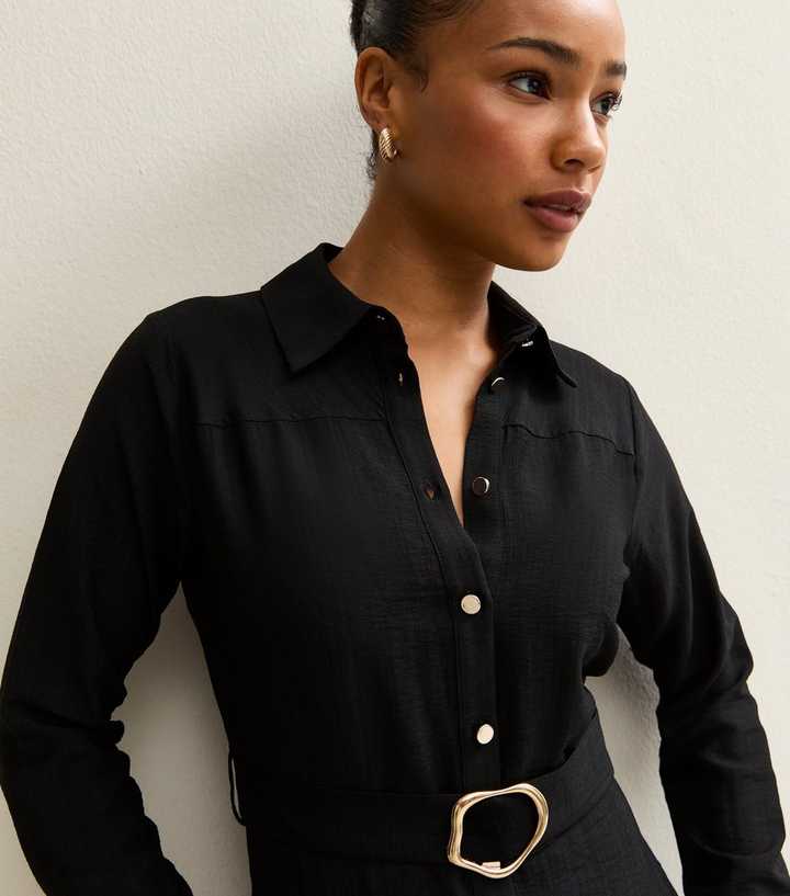 knee length dresses for ladies Long Sleeve Office White Shirt Dress Women Spring Black Turndown Neck –  Divahotcouture main image 1
