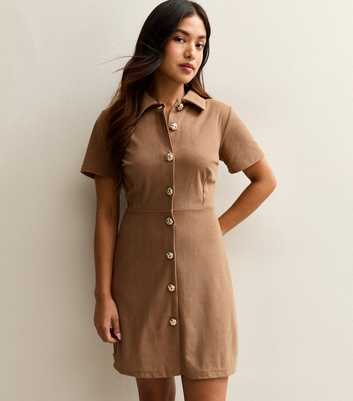 Petite Camel Corduroy Button Through Mini Dress