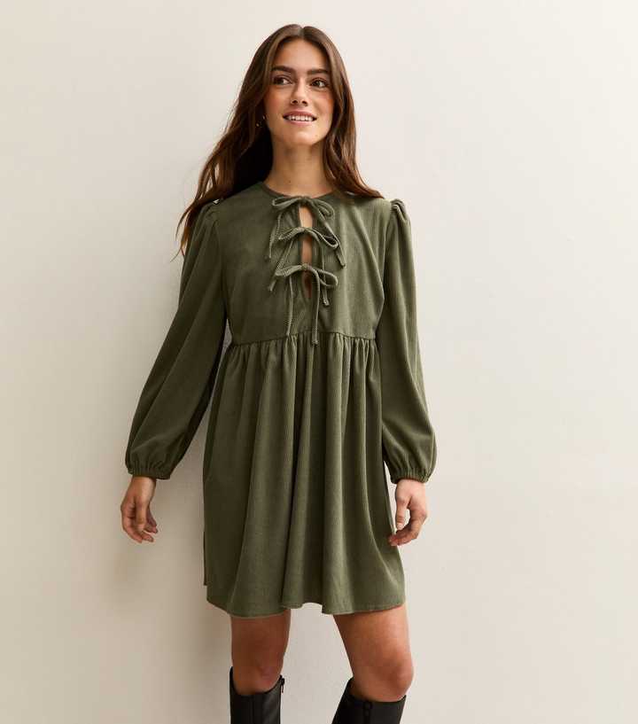 Petite Khaki Tie Front Corduroy Smock Mini Dress