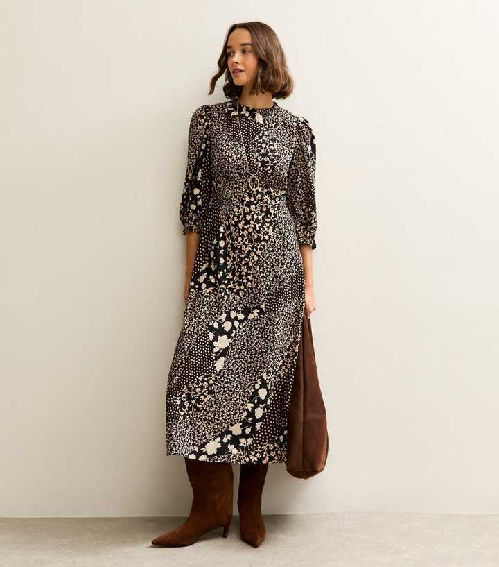 Black Floral Patchwork Print Puff Sleeve Midi Dress