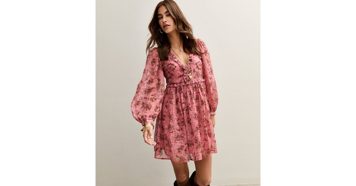 Pink Floral Print Chiffon Long Sleeve Mini Dress New Look