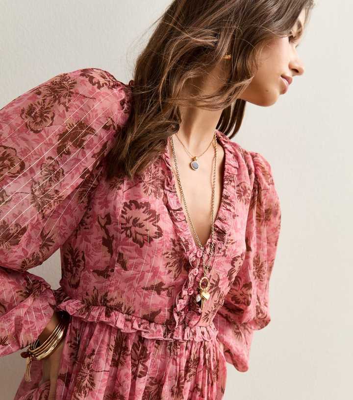 Pink Floral Print Chiffon Long Sleeve Mini Dress | New Look Pink Floral Print Chiffon Long Sleeve Mini Dress | New Look