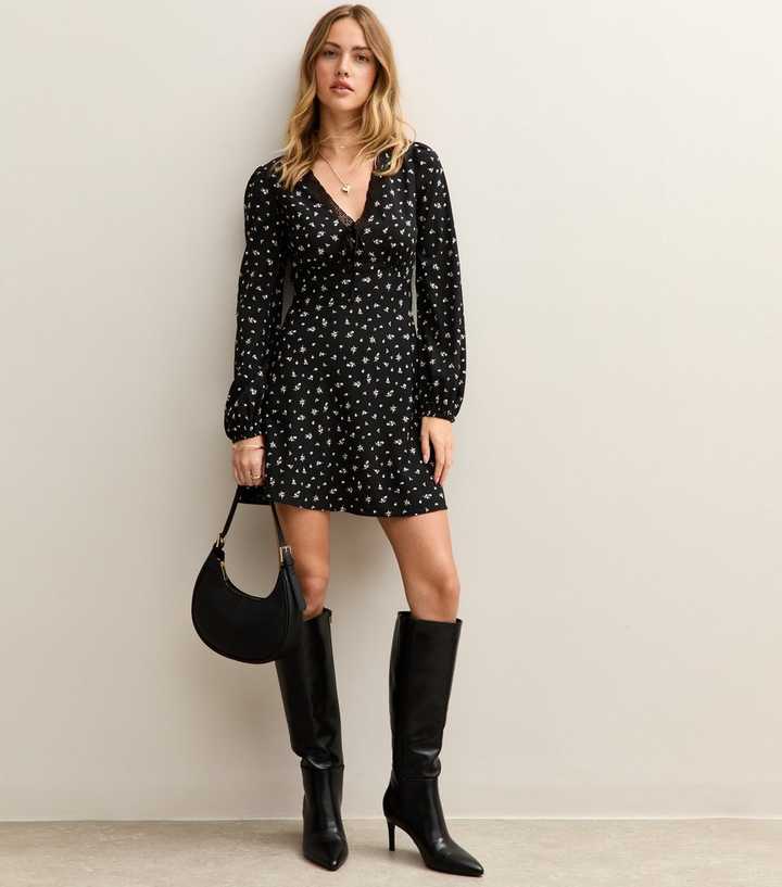 knee length dresses for ladies Black Floral Print Long Sheer Sleeve Short Dress main image 1