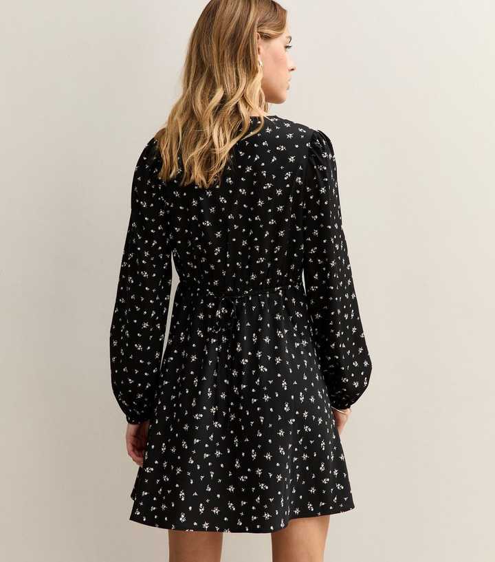 Black Floral Print Crepe Long Sleeve Mini Dress | New Look
