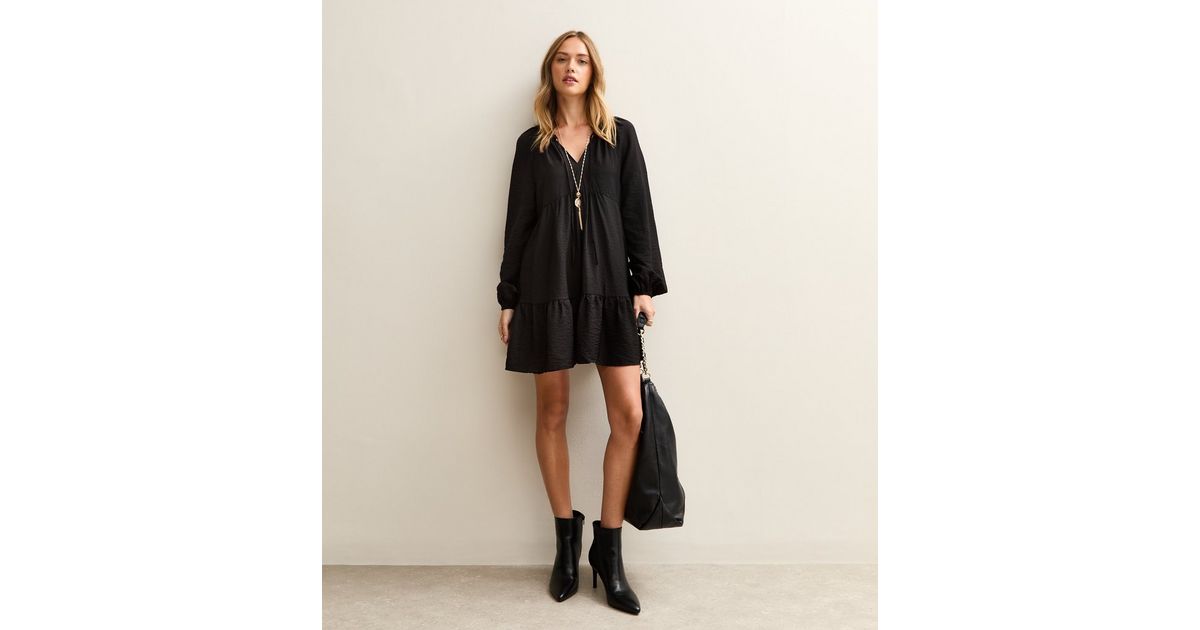 Black Long Sleeve Smock Mini Dress New Look