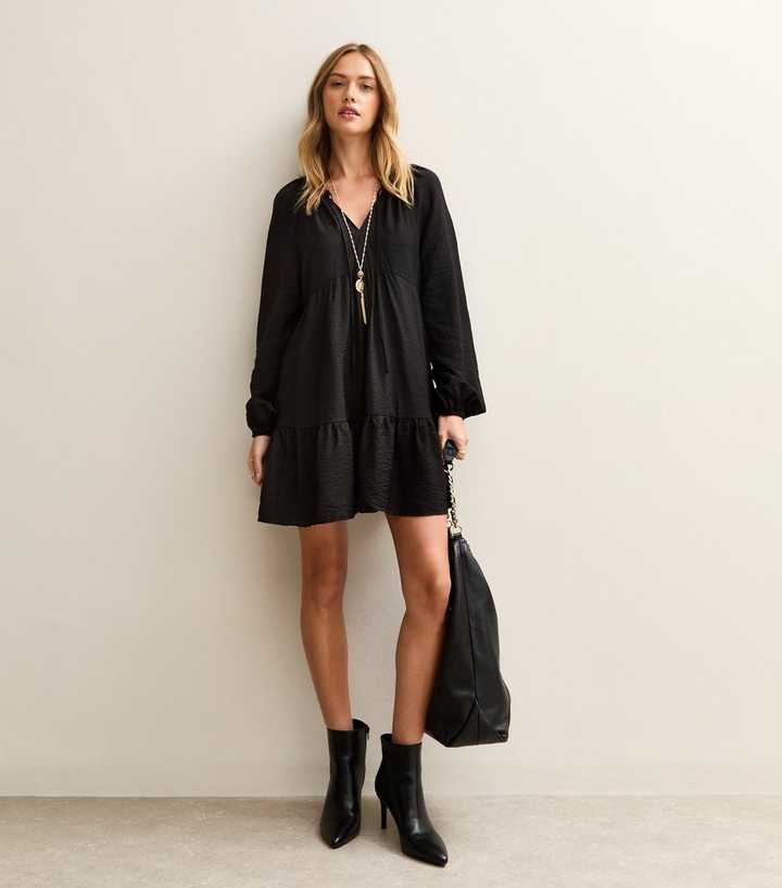 Black Long Sleeve Smock Mini Dress