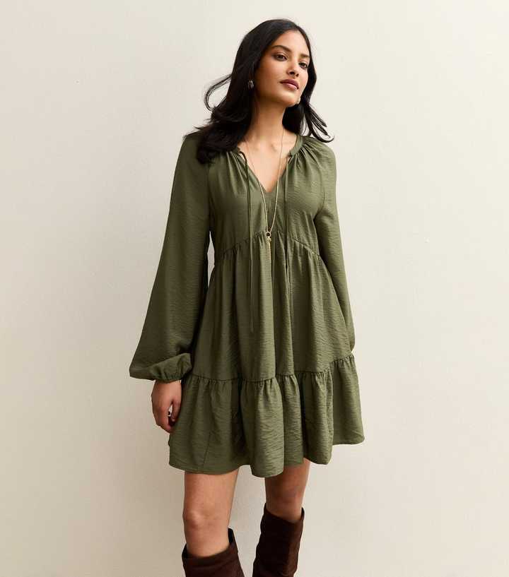 Khaki Long Sleeve Smock Mini Dress