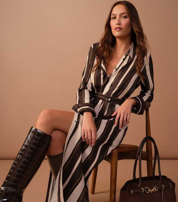Brown Striped Midi Shirt Dress