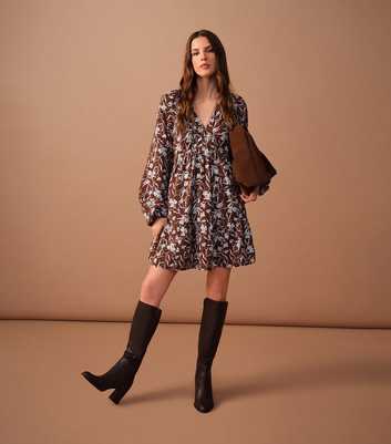 Brown Floral Print Tie Neck Smock Mini Dress
