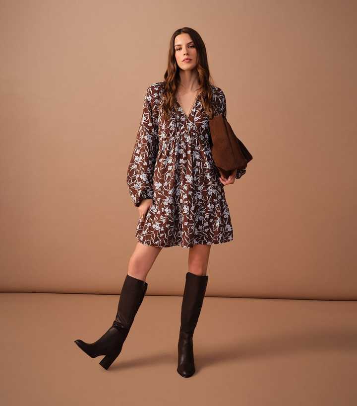 Brown Floral Print Tie Neck Smock Mini Dress
