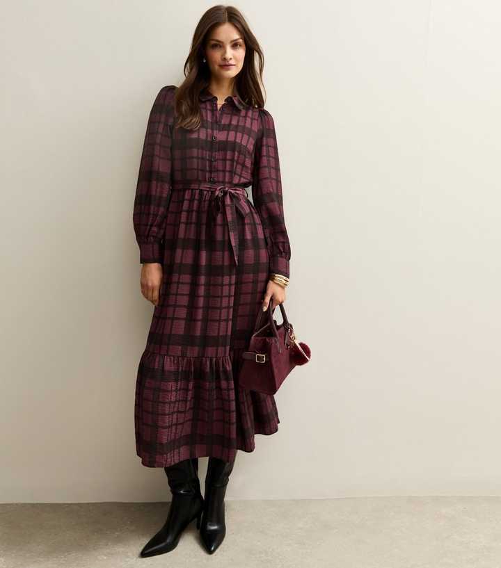 Tall Burgundy Check Shirt Midi Dress