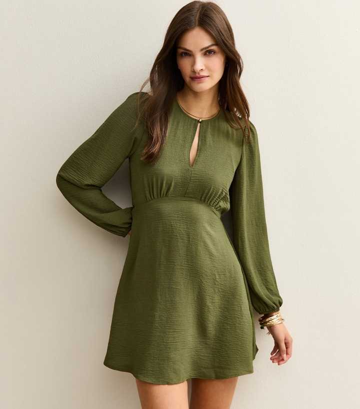 Tall Light Khaki Keyhole Long Sleeve Mini Dress