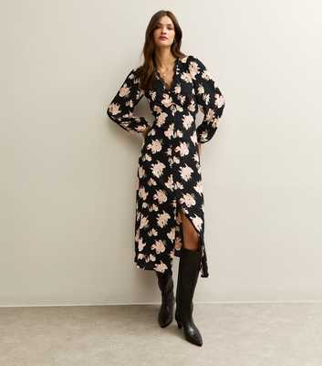 Tall Black Floral Lace Button Up Midi Dress