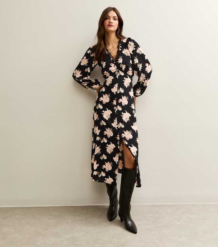 Tall Black Floral Lace Button Up Midi Dress Tall Black Floral Lace Button Up Midi Dress